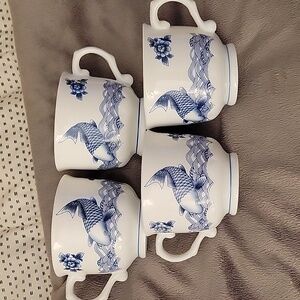Cheng's White Jade Porcelain Tea Cups With Blue Koi Design (Set Of 4)